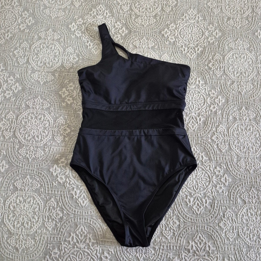 Holipick Womens One Piece Swimsuit Black One Shoulder Mesh Cutout Size M NEW